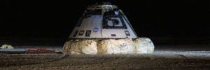 The Boeing CST-100 Starliner spacecraft is seen after it landed in White Sands, New Mexico, Sunday, Dec. 22, 2019. The landing completes an abbreviated Orbital Flight Test for the company that still meets several mission objectives for NASA’s Commercial Crew program. The Starliner spacecraft launched on a United Launch Alliance Atlas V rocket at 6:36 a.m. Friday, Dec. 20 from Space Launch Complex 41 at Cape Canaveral Air Force Station in Florida. Photo Credit: (NASA/Bill Ingalls)
